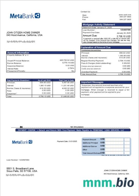 USA Meta Bank Card wyciąg z kredytu hipotecznego w formatach Word i PDF
